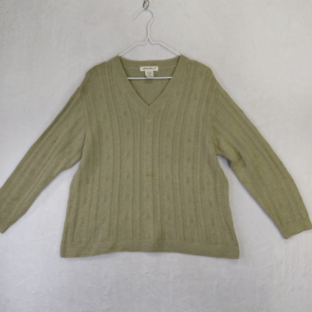 Eddie Bauer Vintage Sage Green Linen Cotton Pointelle V-Neck Sweater L Petite